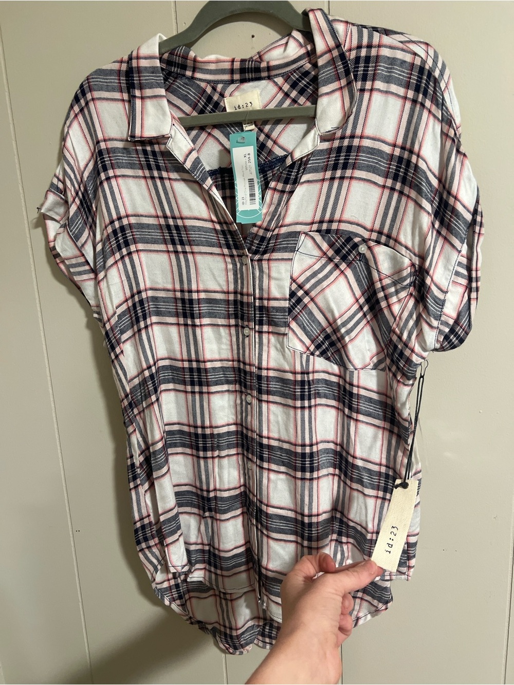 Lightweight Plaid Button-Front Tunic Top — White, Navy & Pink